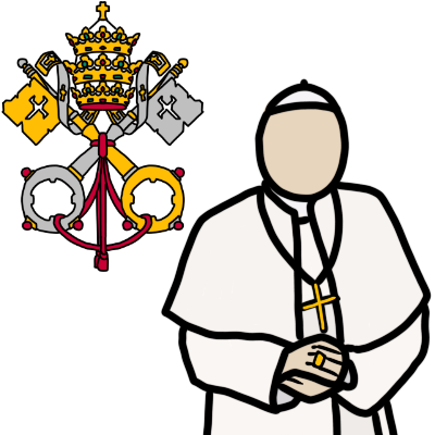 the Holy See's coat of arms (two crossed keys, tied together, with the Papal tiara above them). To the right, a generic light-skinned figure, dressed in simple Papal vestments: a white zucchetto skullcap, mozzetta, collar, cassock and sash cincture, along with a gold pectoral cross and ring.